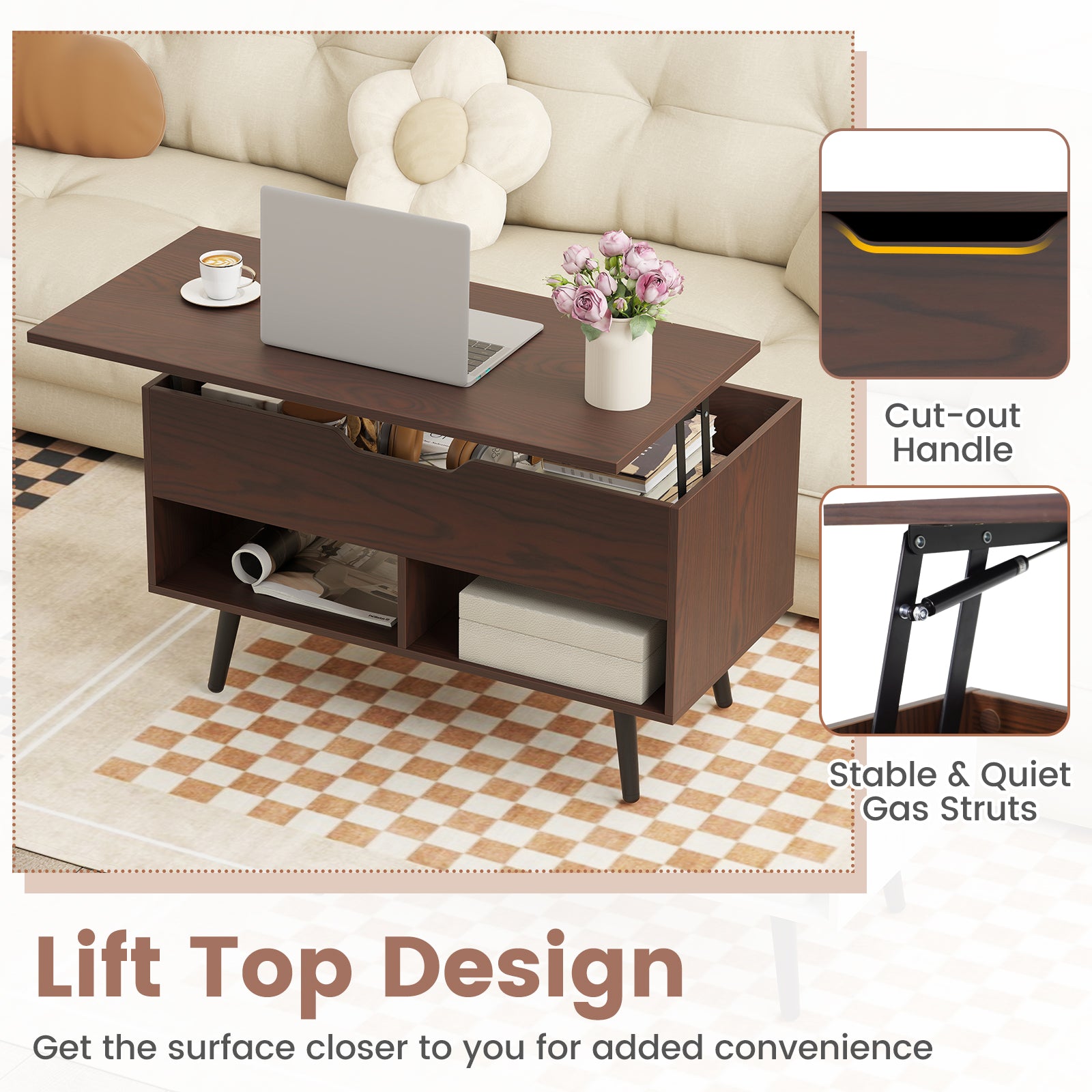 31.5 Inch Lift-Top Coffee Table, Hidden Storage, 2 Open Shelves, Brown Living Room at Gallery Canada