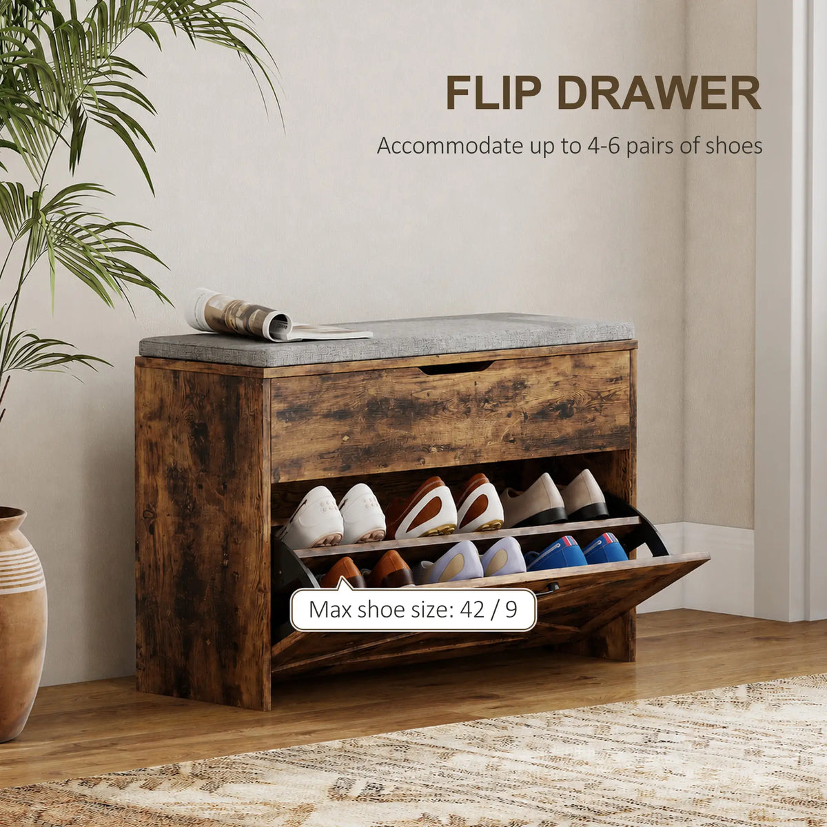 Shoe Storage Bench with Flip Drawer, Lift Top, Seat Cushion, Rustic Brown Shoe Storage Cabinets & Racks at Gallery Canada