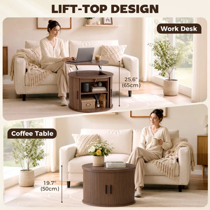 Table basse ronde avec plateau relevable, rangement cannelé, brun noyer, brun noyer