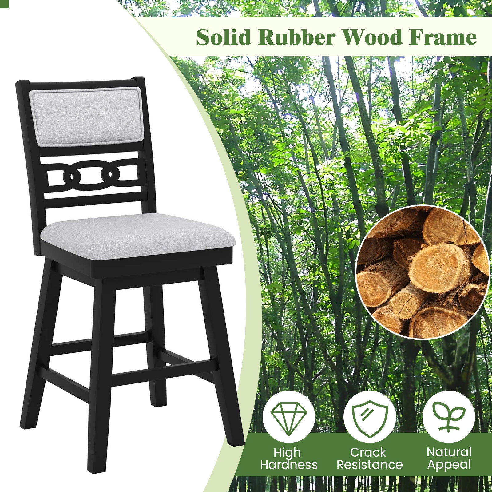 25 Inch Bar Stools, Set of 2, Upholstered Backrest, 360° Rotation Seat, Black Bar Stools at Gallery Canada