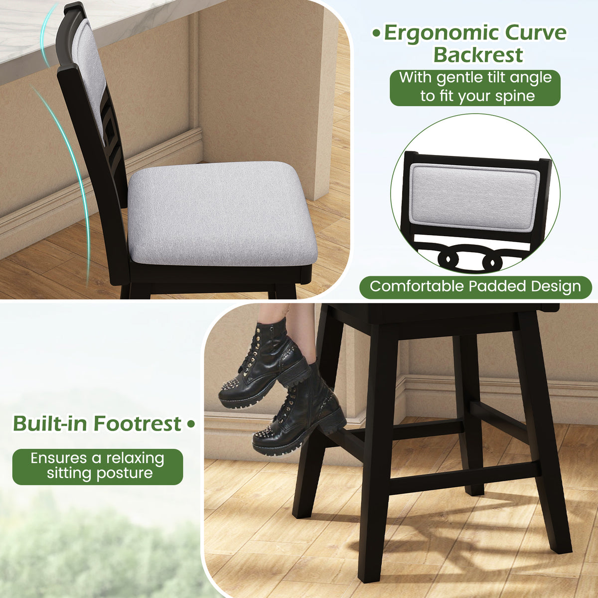 25 Inch Bar Stools, Set of 2, Upholstered Backrest, 360° Rotation Seat, Black Bar Stools at Gallery Canada