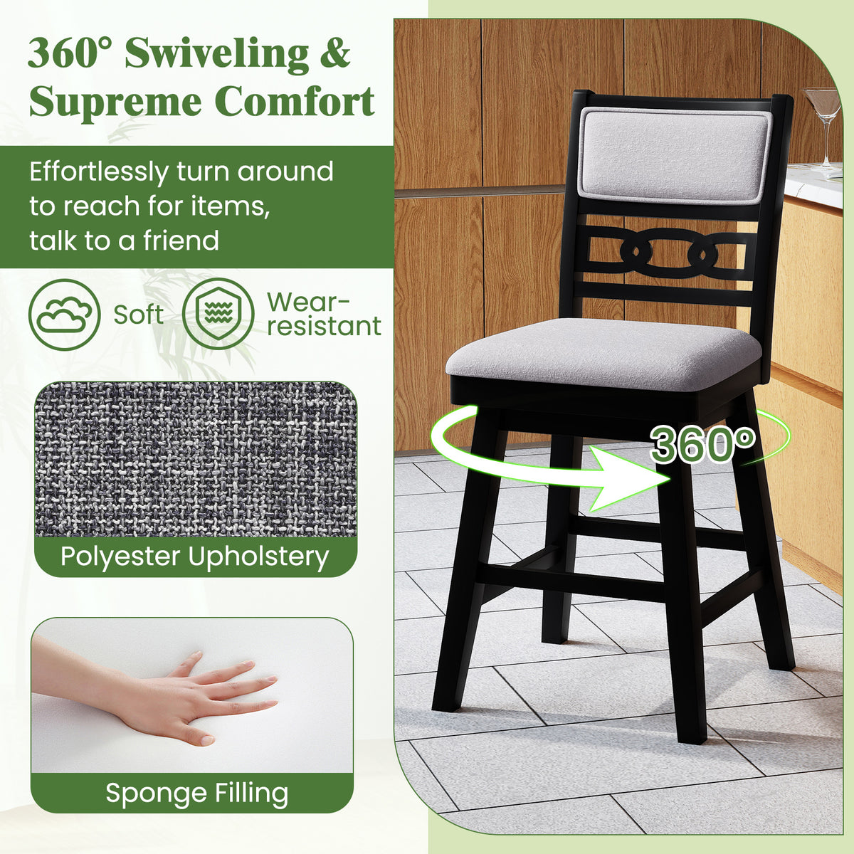 25 Inch Bar Stools, Set of 2, Upholstered Backrest, 360° Rotation Seat, Black Bar Stools at Gallery Canada
