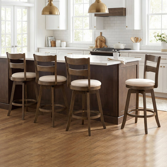 25 Inch Swivel Counter Barstools with Backrest & Upholstered Seat-Set of 4, Taupe Bar Stools Taupe at Gallery Canada