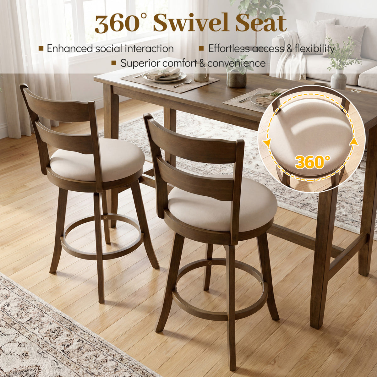 25 Inch Swivel Counter Barstools with Backrest & Upholstered Seat-Set of 2, Taupe Bar Stools at Gallery Canada