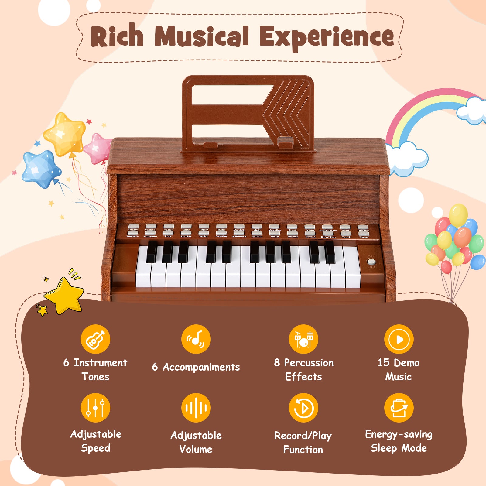 25 Keys Kids Piano Keyboard, Adjustable Speed, Teaching Mode, Brown Pianos & Keyboards at Gallery Canada