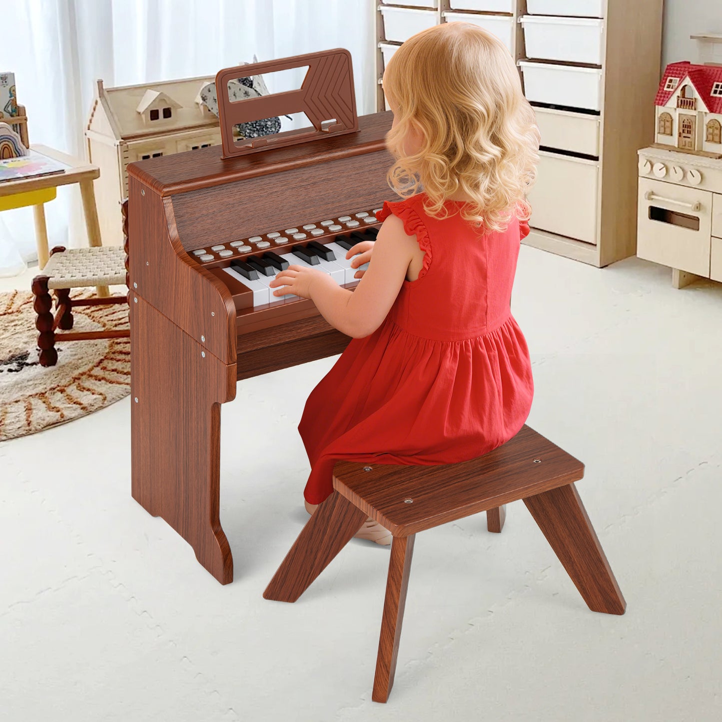 25 Keys Kids Piano Keyboard, With Stool, Adjustable Speed And Volume, Brown Pianos & Keyboards at Gallery Canada