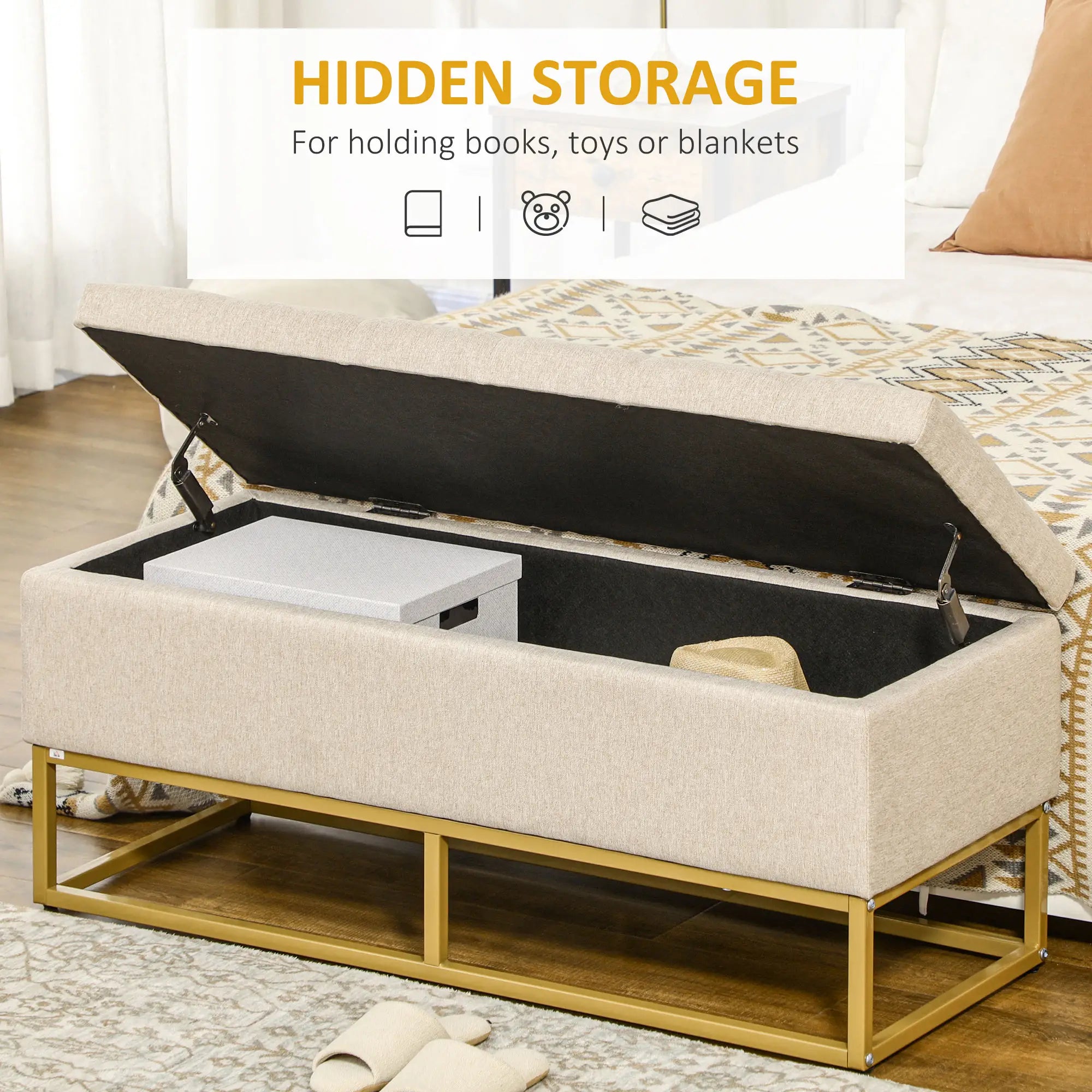 Linen Storage Ottoman Bench With Flip Top, Beige Storage Ottomans & Benches at Gallery Canada
