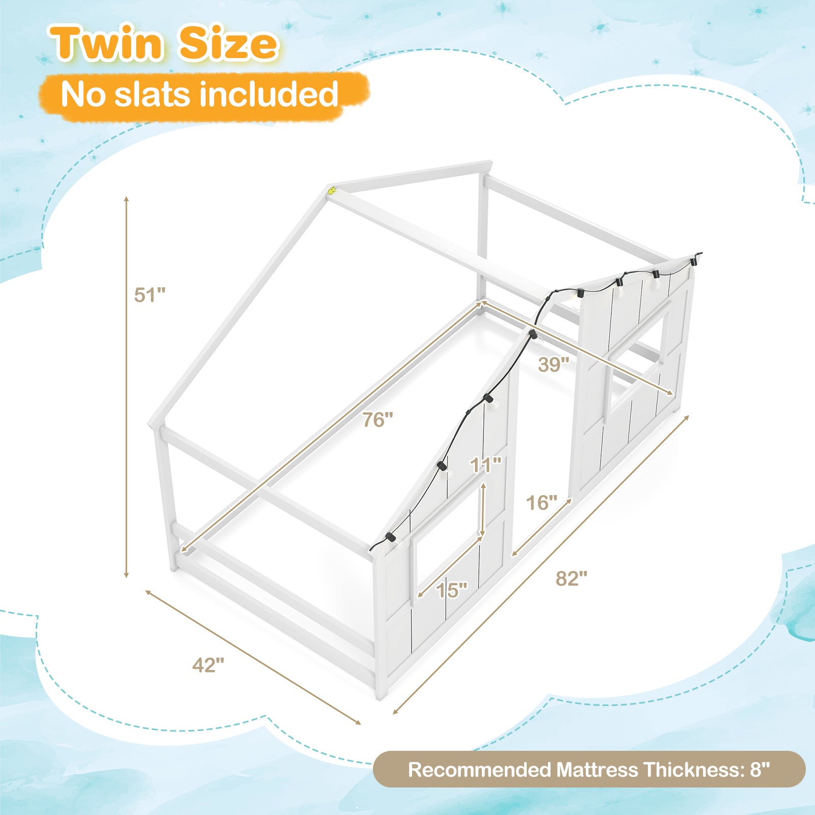 Twin Size House Bed With LED Lights, Montessori Floor Bed, White Toddler Beds at Gallery Canada