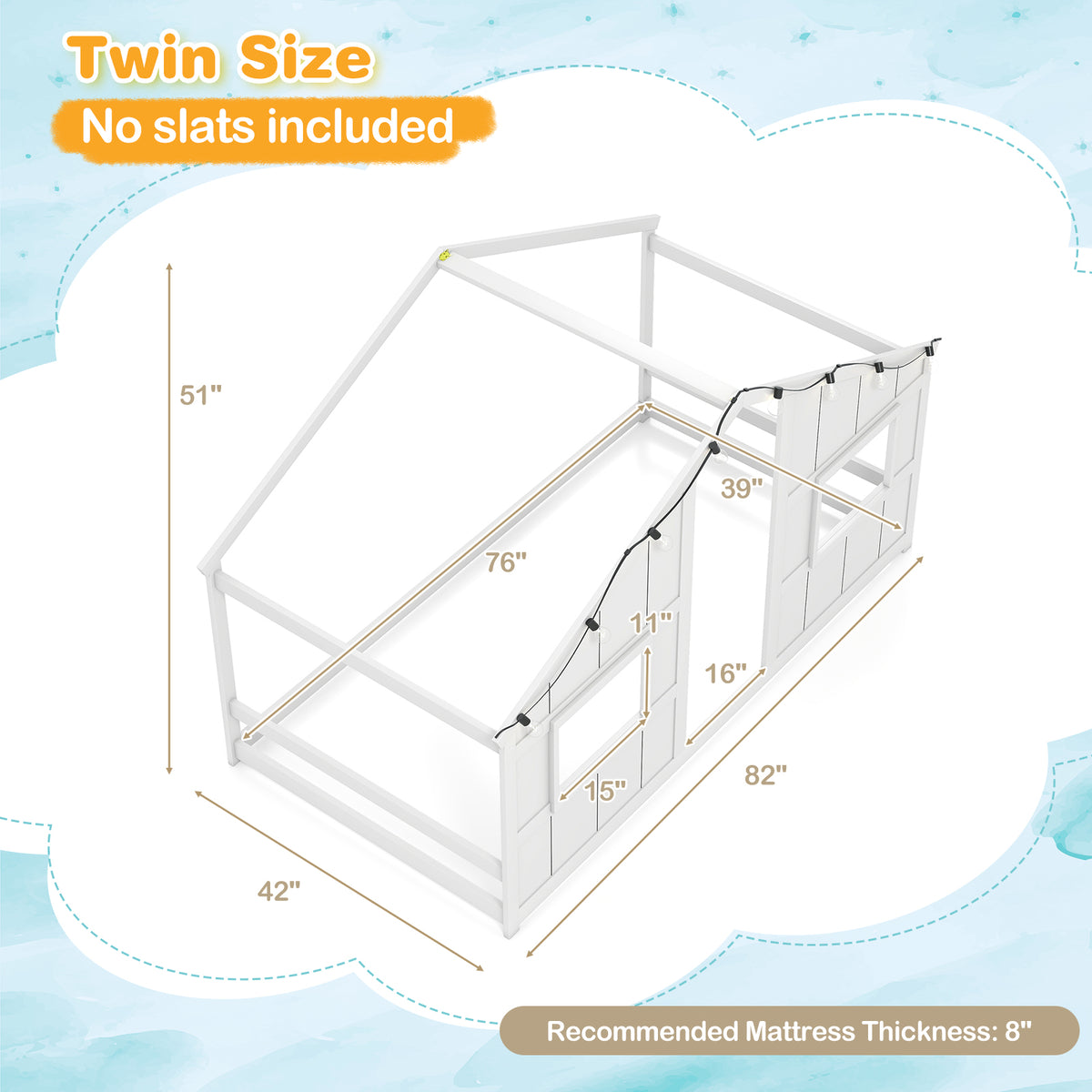 Twin Size House Bed With LED Lights, Montessori Floor Bed, White Toddler Beds at Gallery Canada