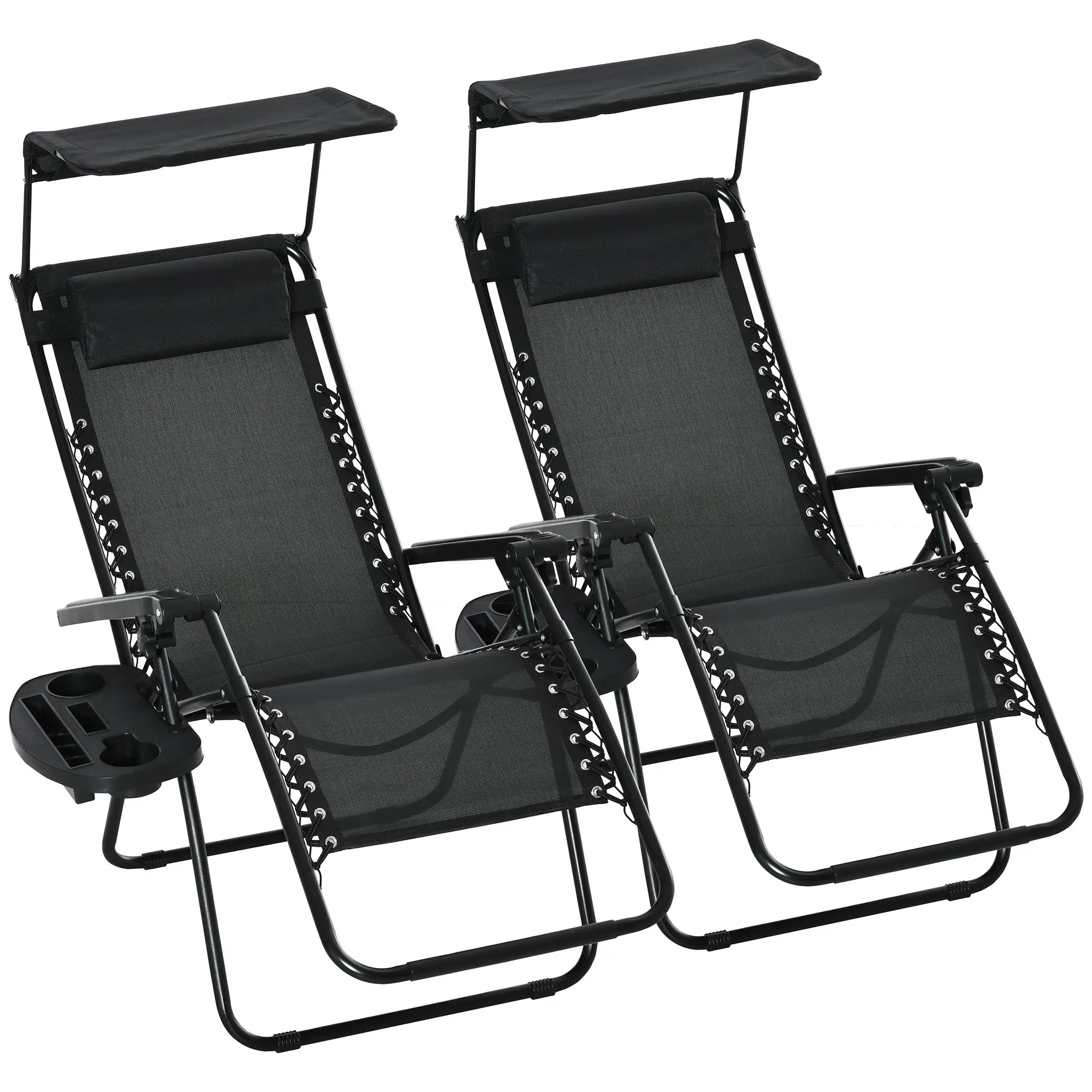2 Piece Foldable Lounge Chair with Canopy Shade, Outdoor Zero Gravity Chair w/ Side Tray &; Cup Holder, Reclining Lounger w/ Breathable Mesh Fabric Seat, Pillow, Black Lounger Chairs at Gallery Canada