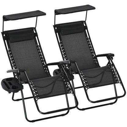 2 Piece Foldable Lounge Chair with Canopy Shade, Outdoor Zero Gravity Chair w/ Side Tray &; Cup Holder, Reclining Lounger w/ Breathable Mesh Fabric Seat, Pillow, Black Lounger Chairs at Gallery Canada