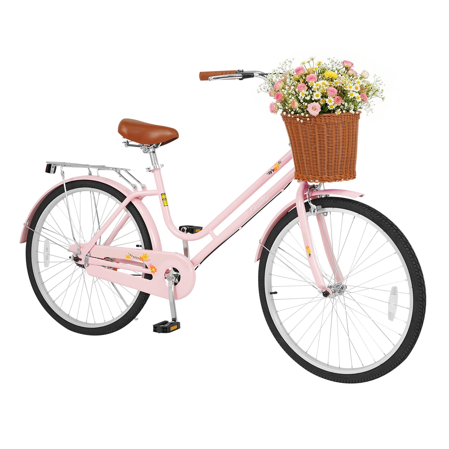 26 Inch Beach Cruiser Bike for Women with Woven Basket and Rear Rack - Pink, Pink Kids Bike at Gallery Canada