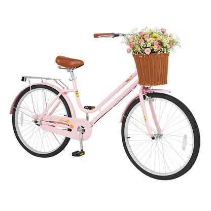 26 Inch Beach Cruiser Bike for Women with Woven Basket and Rear Rack - Pink, Pink Kids Bike at Gallery Canada