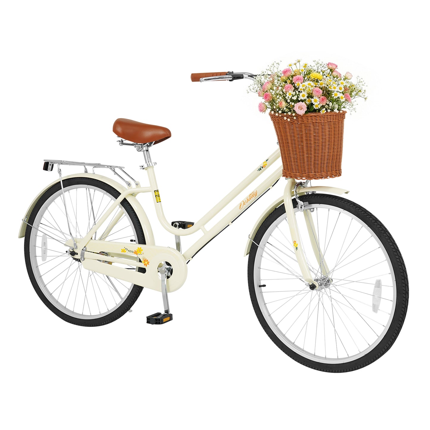 26 Inch Beach Cruiser Bike for Women with Woven Basket and Rear Rack - Beige, Beige Kids Bike Beige at Gallery Canada