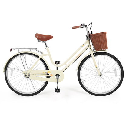 26 Inch Beach Cruiser Bike for Women with Woven Basket and Rear Rack - Beige, Beige Kids Bike at Gallery Canada