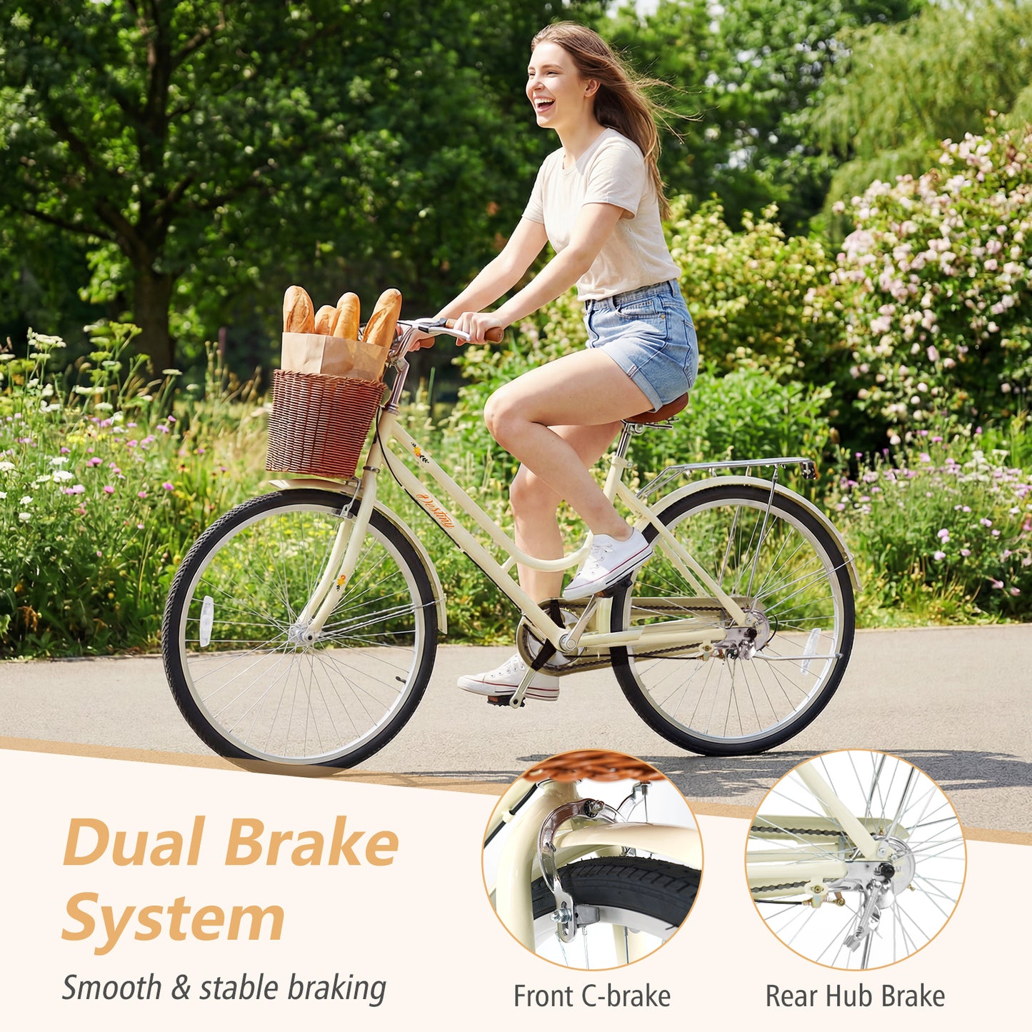 26 Inch Beach Cruiser Bike for Women with Woven Basket and Rear Rack - Beige, Beige Kids Bike at Gallery Canada