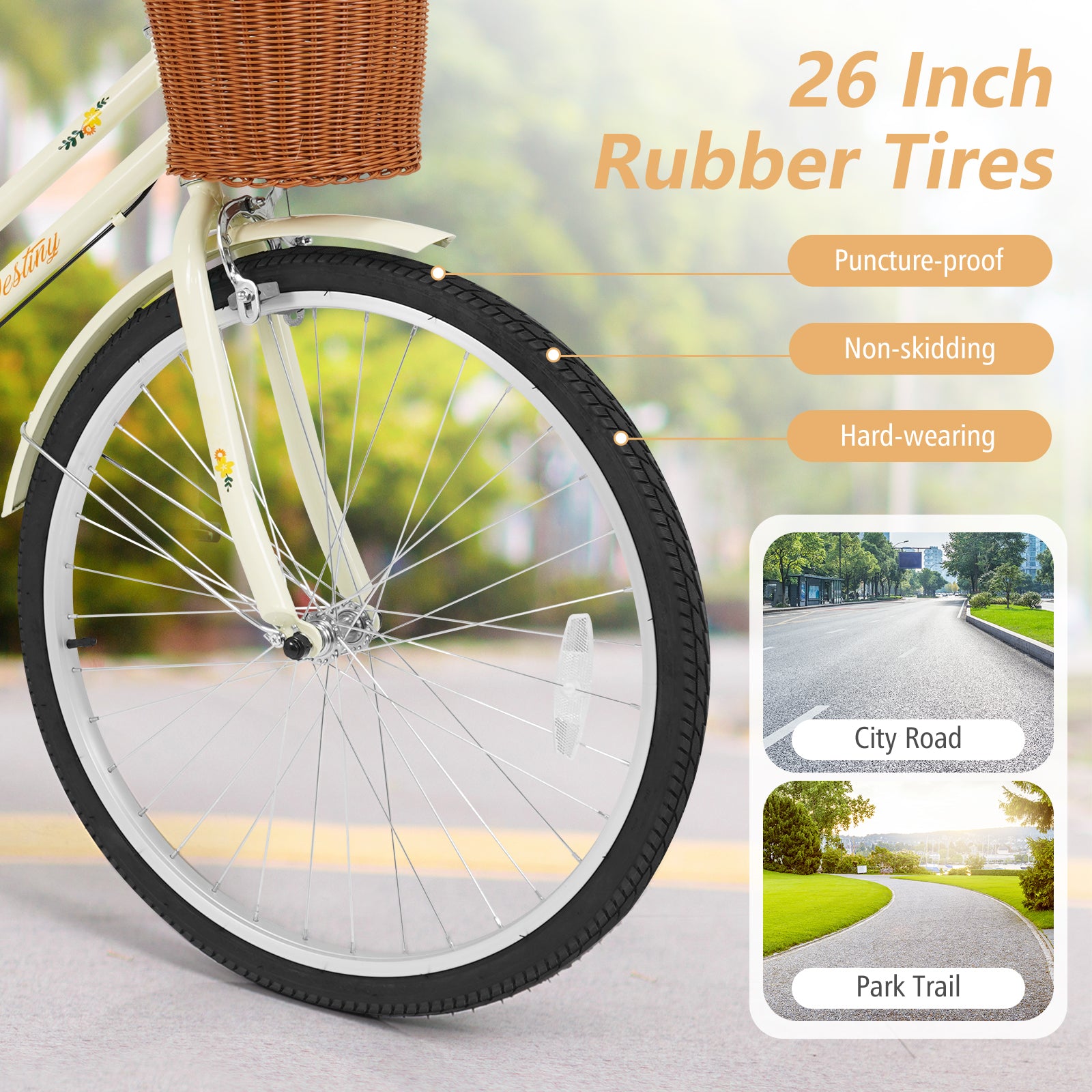 26 Inch Beach Cruiser Bike for Women with Woven Basket and Rear Rack - Beige, Beige Kids Bike at Gallery Canada
