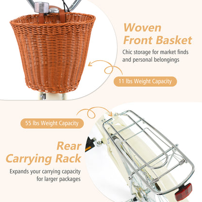 26 Inch Beach Cruiser Bike for Women with Woven Basket and Rear Rack - Beige, Beige Kids Bike at Gallery Canada