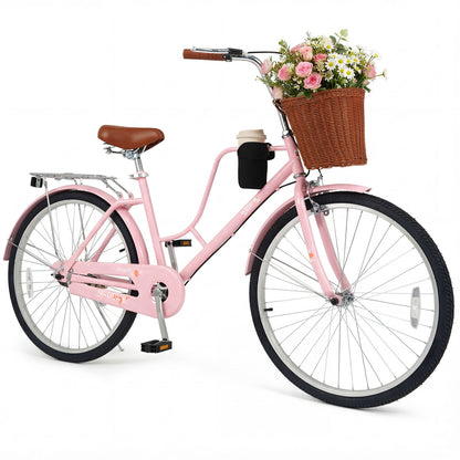 26-Inch Beach Cruiser Bike with Cup Holder and Woven Basket - Pink, Pink Kids Bike at Gallery Canada
