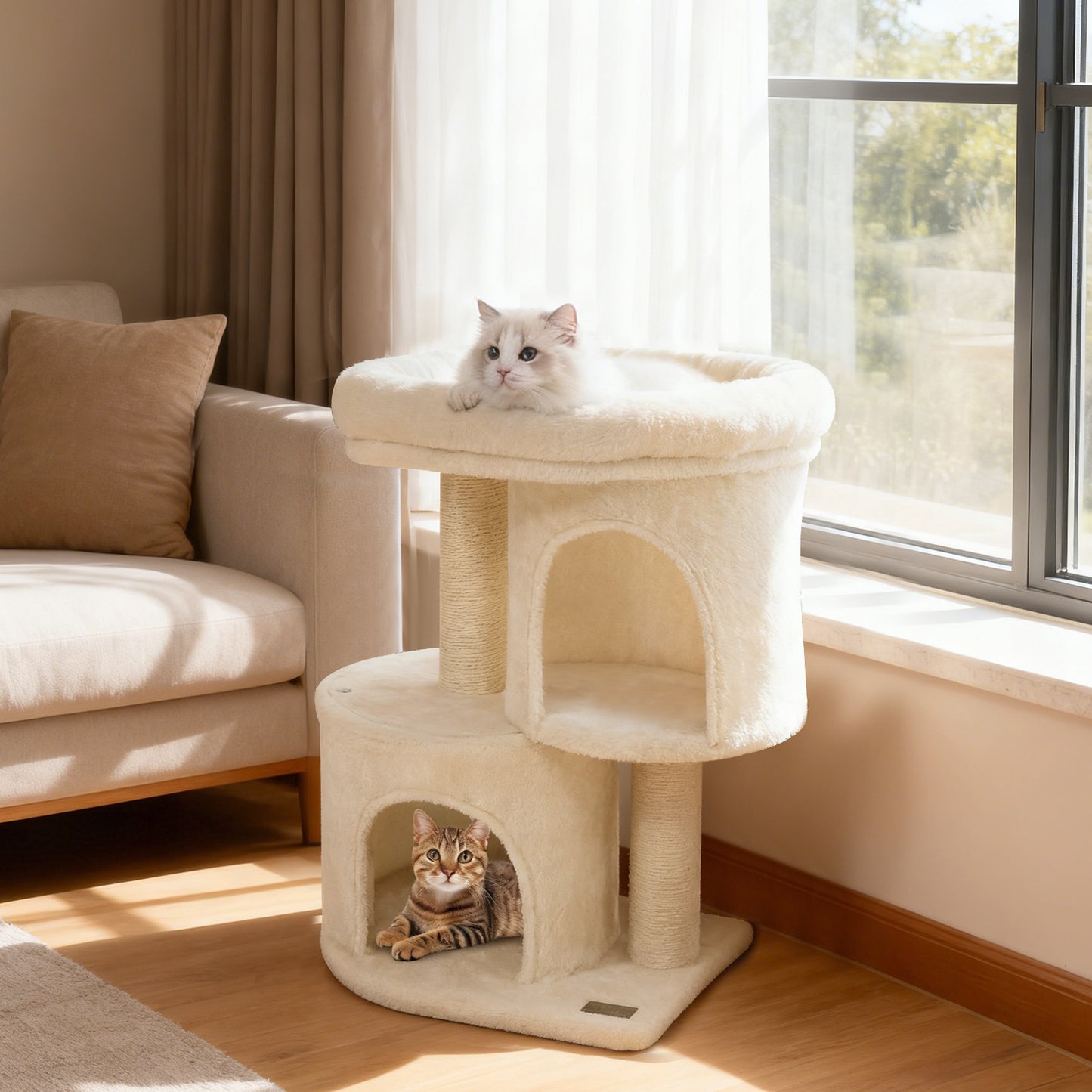 26 Inch Cat Tower with Large Padded Push Perch and Dual Condos, Beige Cat Trees Condos & Scratchers at Gallery Canada