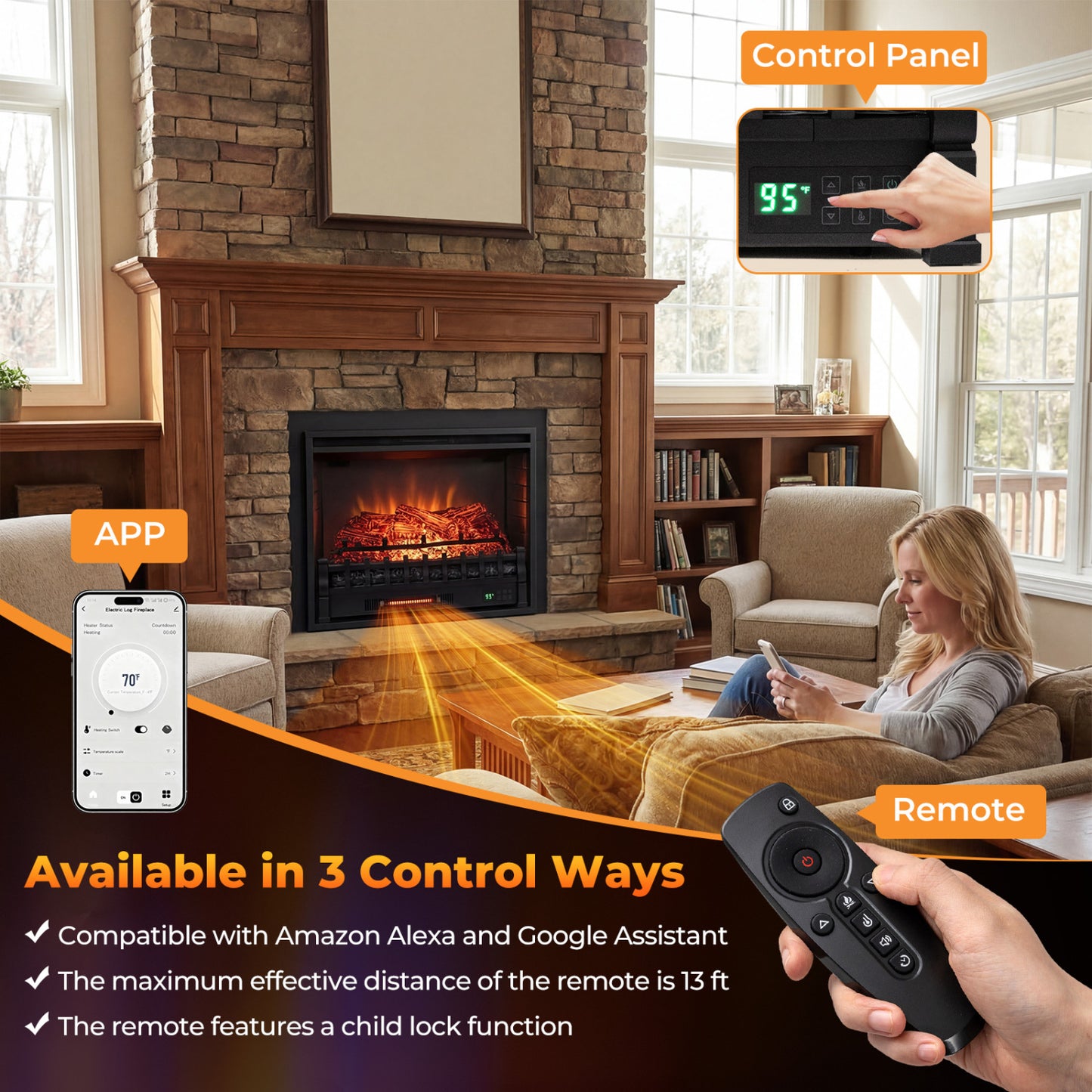 26 Inch WiFi Infrared Quartz Electric Fireplace Insert Logs Heater with Realistic Pinewood Logs, Black Fireplaces at Gallery Canada
