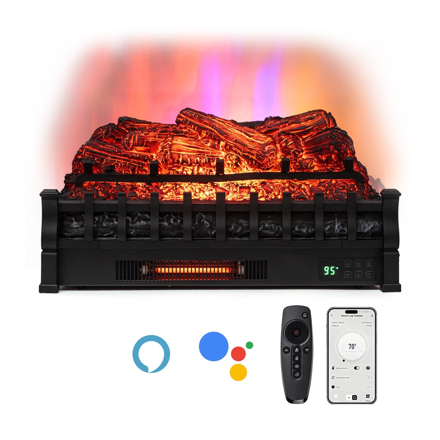 26 Inch WiFi Infrared Quartz Electric Fireplace Insert Logs Heater with Realistic Pinewood Logs, Black Fireplaces Black at Gallery Canada