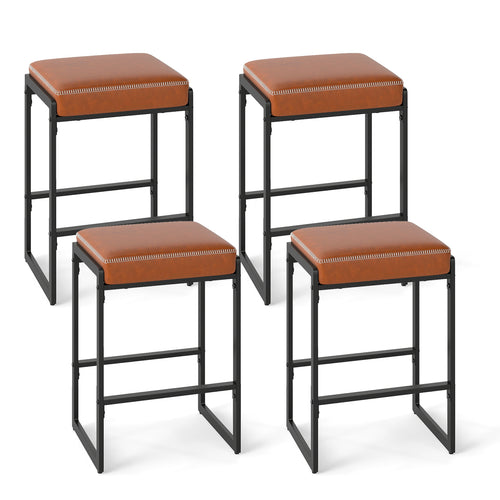 26 Inch Bar Stools Set Of 4, Faux Leather, Brown