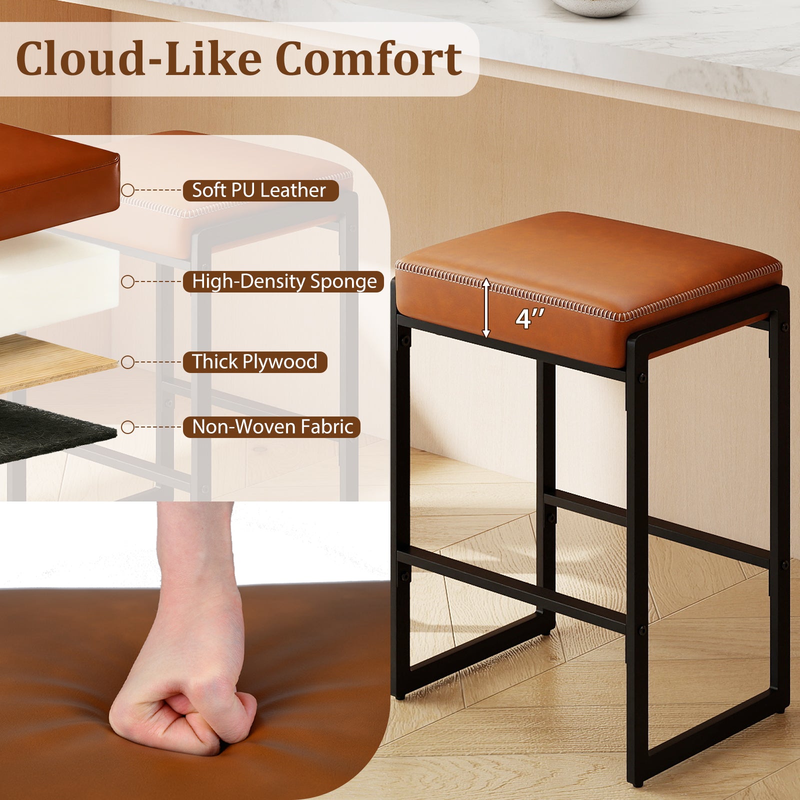 26 Inch Bar Stools Set Of 4, Faux Leather, Brown Bar Stools at Gallery Canada