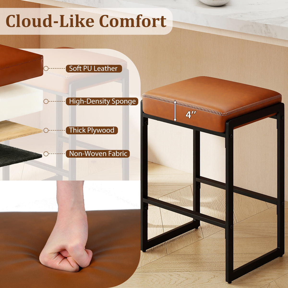 26 Inch Bar Stools Set Of 4, Faux Leather, Brown Bar Stools at Gallery Canada