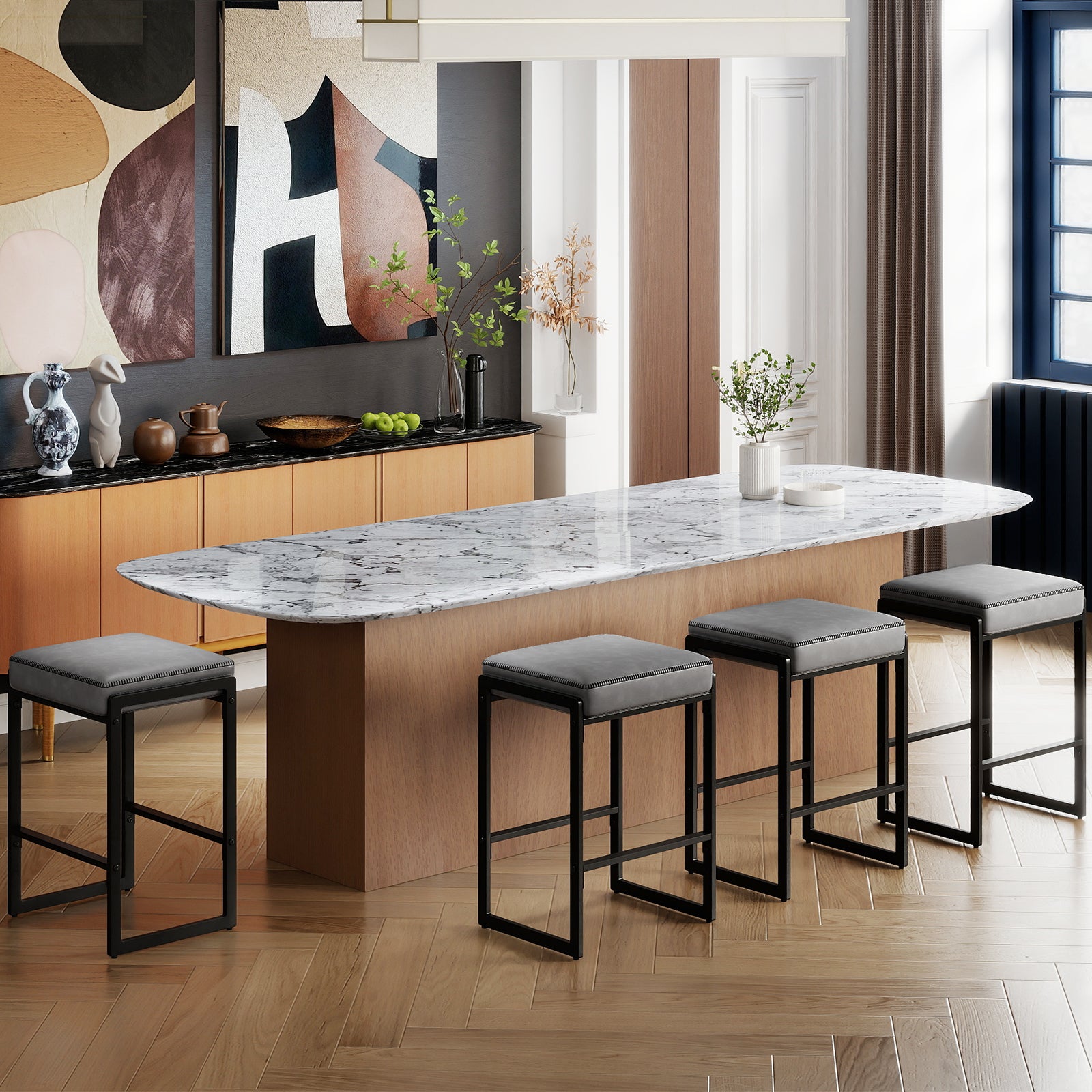 26 Inch Bar Stools Set of 4, Faux Leather, Gray Bar Stools at Gallery Canada