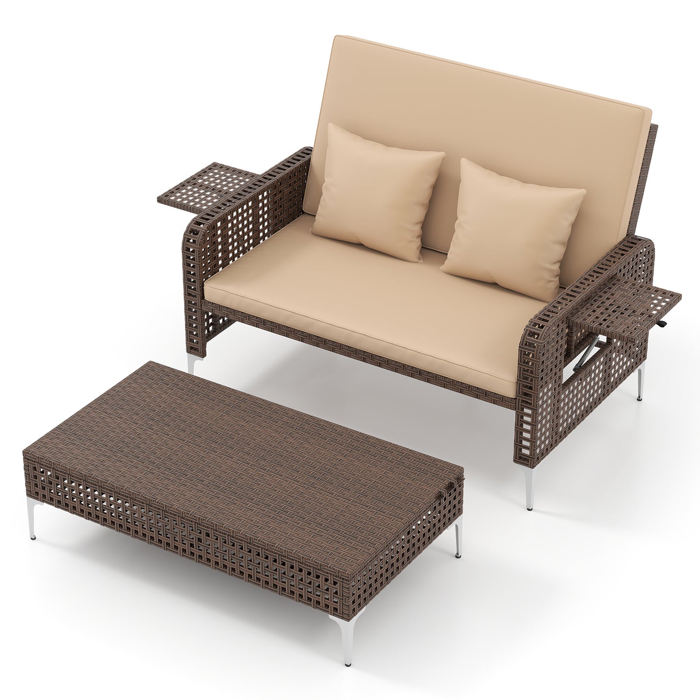 Patio Rattan Daybed Loveseat Ottoman, Adjustable Backrest, Brown Outdoor Sectionals at Gallery Canada