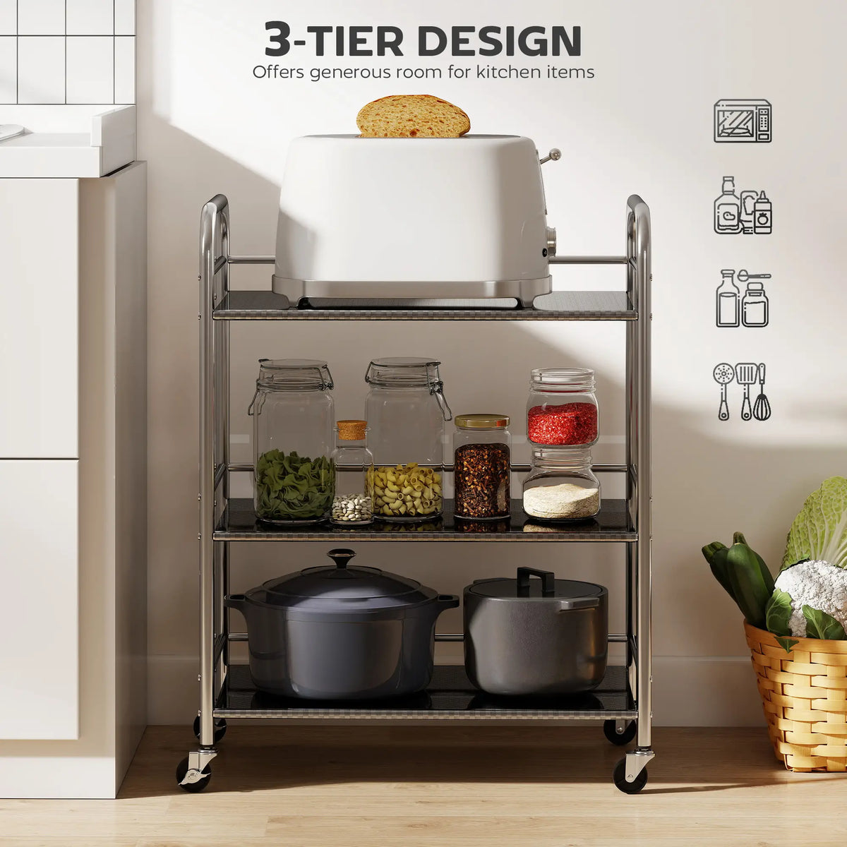 3 Tier Stainless Steel Rolling Cart, Adjustable Shelf, Wheels, Silver Kitchen Islands & Kitchen Carts at Gallery Canada