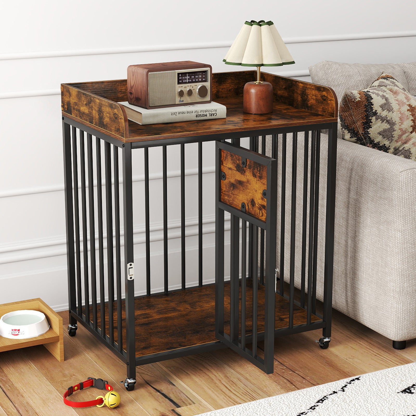 27.5 Inch Dog Crate Furniture with Wheels for Small Dogs and Puppies, Rustic Brown Pet Gate at Gallery Canada