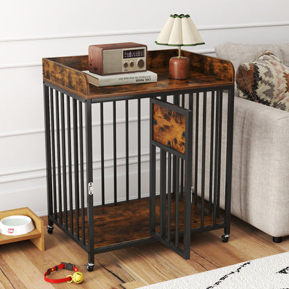 27.5 Inch Dog Crate Furniture with Wheels for Small Dogs and Puppies, Rustic Brown Pet Gate at Gallery Canada