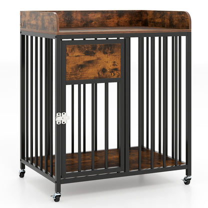 27.5 Inch Dog Crate Furniture with Wheels for Small Dogs and Puppies, Rustic Brown Pet Gate Rustic Brown at Gallery Canada