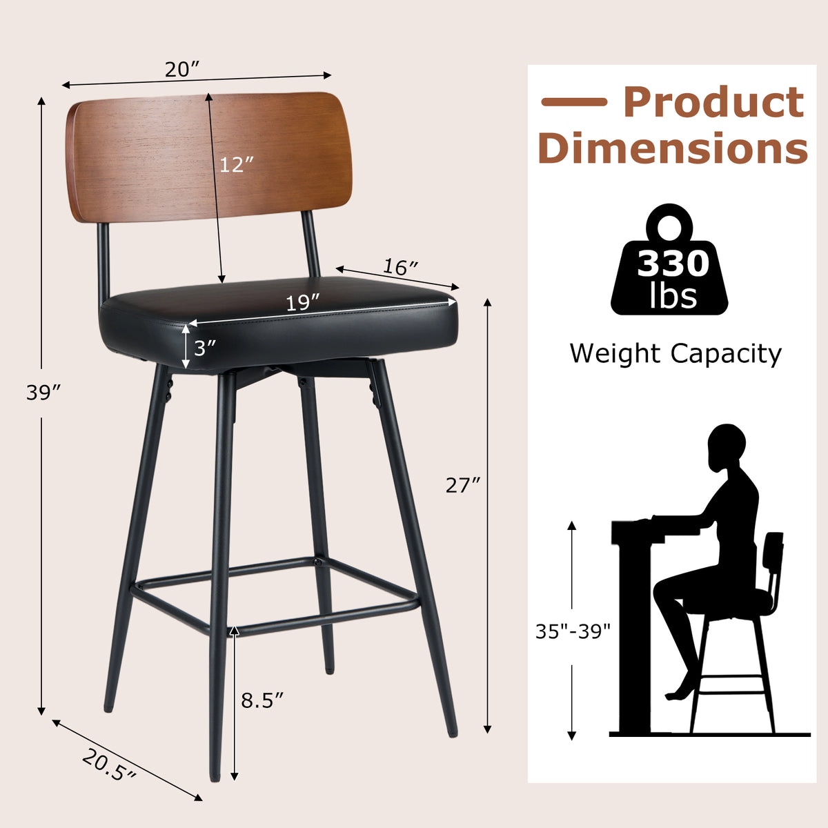 27 Inch Padded Counter Barstools Set of 2 with Metal Legs, Black Bar Stools at Gallery Canada