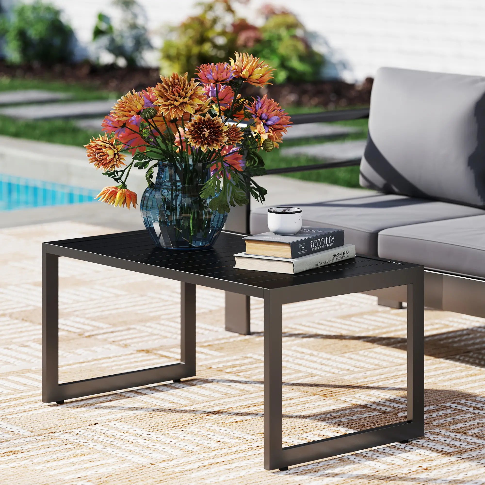 Outdoor Coffee Table, Slatted Tabletop, Adjustable Foot Pads, Black Patio Side Tables at Gallery Canada