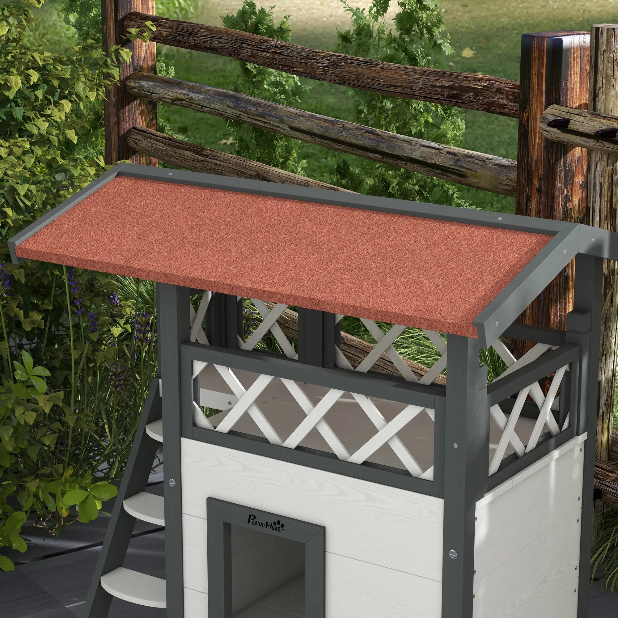 Wooden 2-Story Cat Shelter, Asphalt Roof, Stairs, Balcony, 30