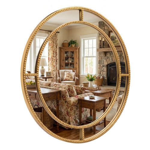 28 Inch Round Wall Mirror, Beaded Frame, Living Room Entryway, Gold
