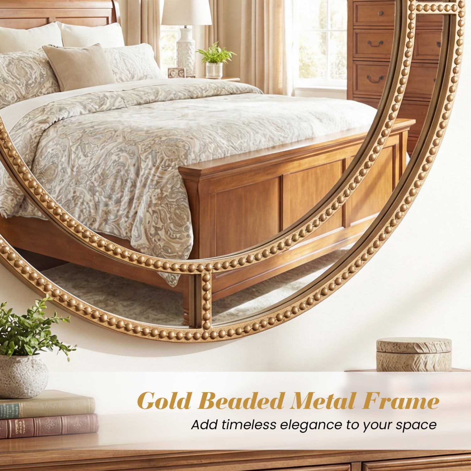 28 Inch Round Wall Mirror, Beaded Frame, Living Room Entryway, Gold Wall Mirrors at Gallery Canada