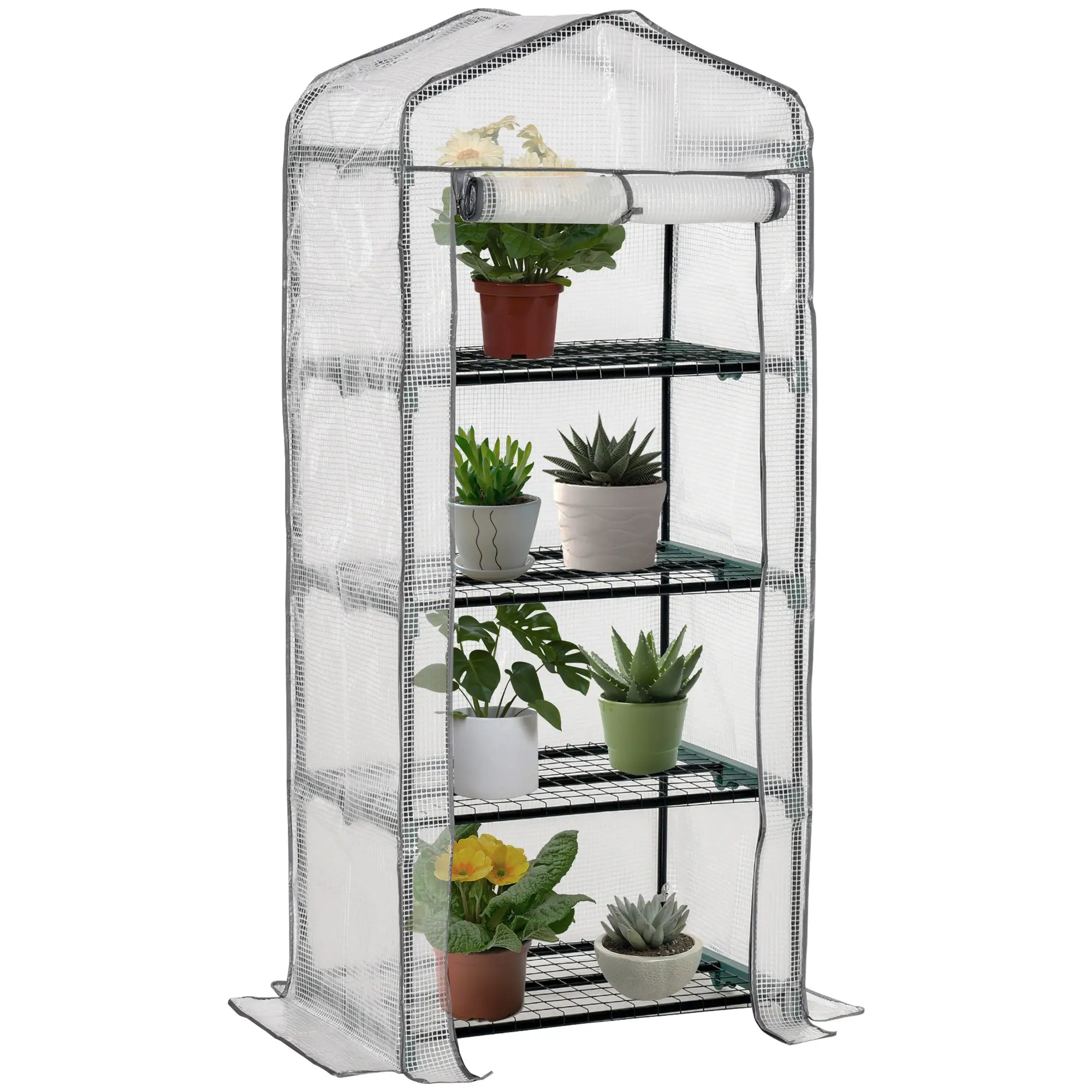 Portable Greenhouse With 4 Tier Shelves, Steel Frame, PE Cover, 28