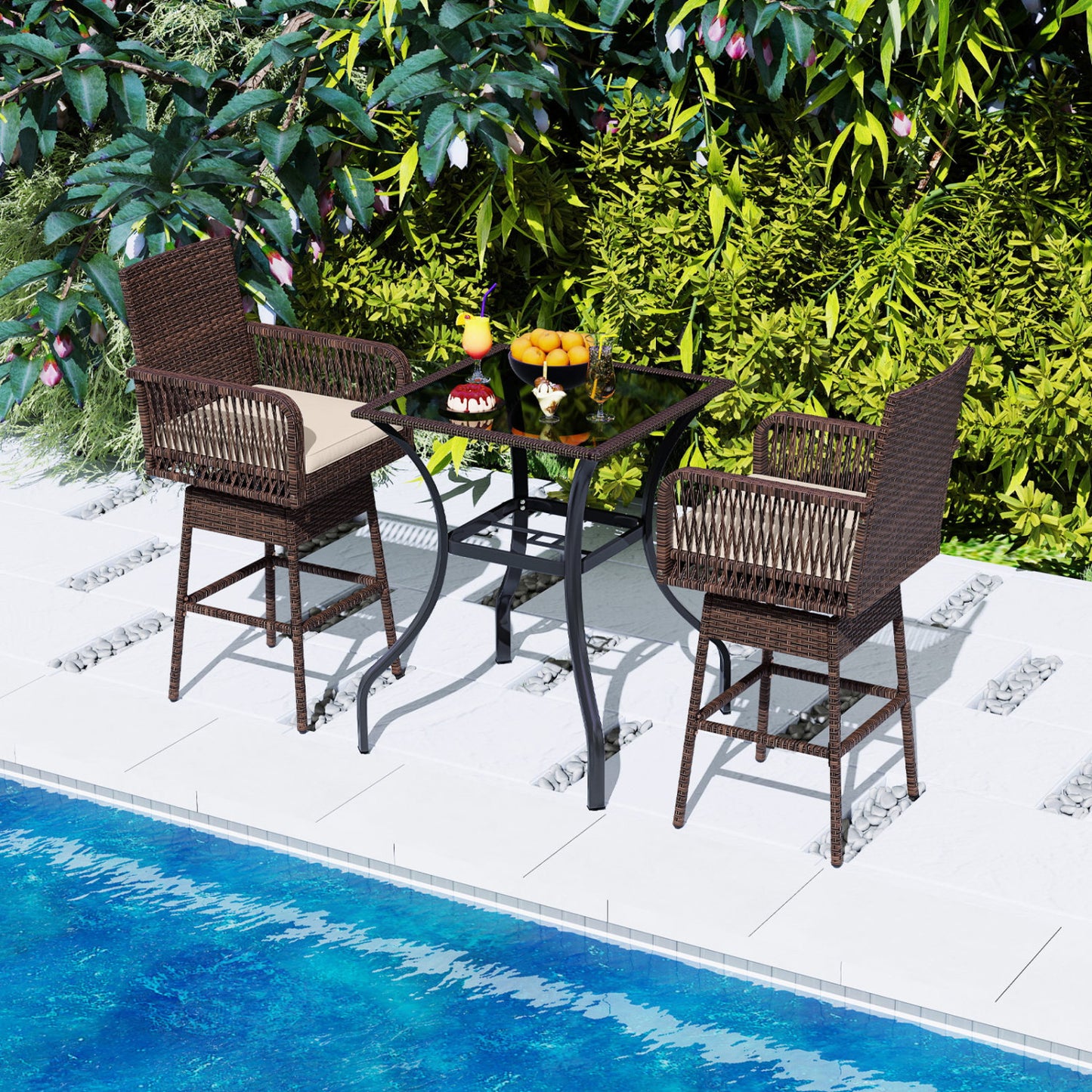 29" Bar Height Swivel Stool, Cross-Woven Armrests, Brown Patio Bar Furniture at Gallery Canada