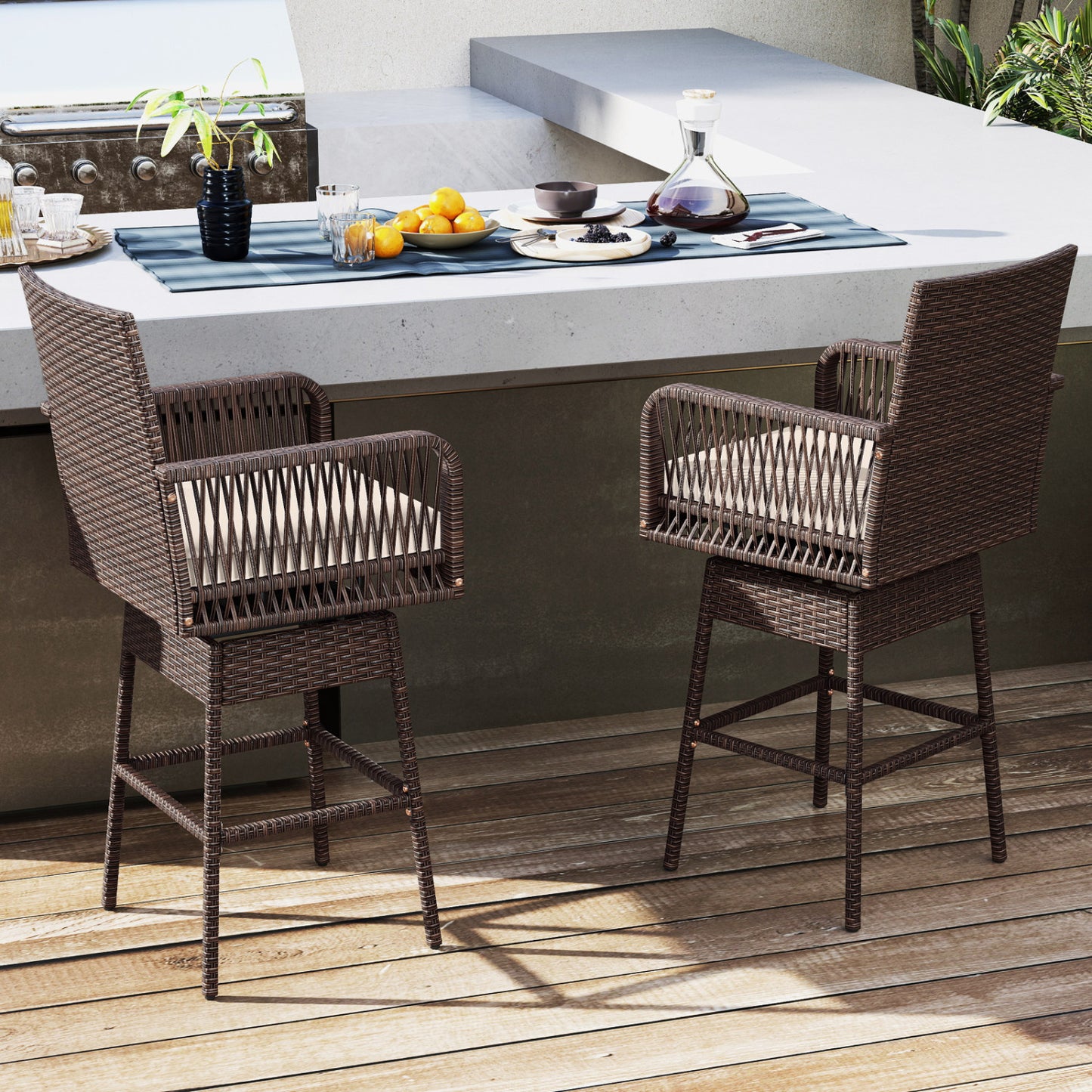 29" Bar Height Swivel Stool, Cross-Woven Armrests, Brown Patio Bar Furniture at Gallery Canada