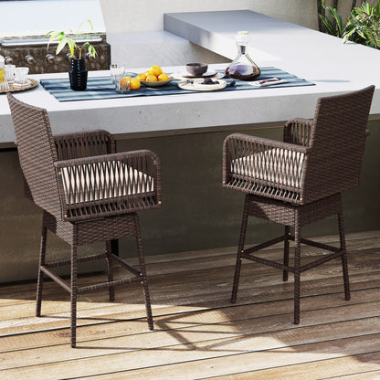 29" Bar Height Swivel Stool, Cross-Woven Armrests, Brown Patio Bar Furniture at Gallery Canada