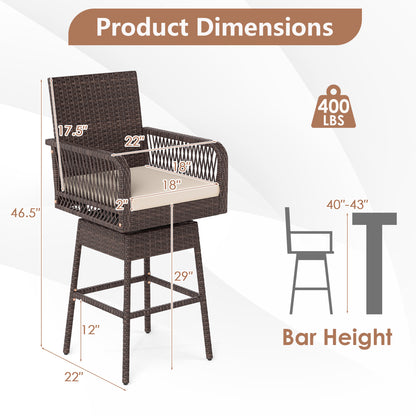 29" Bar Height Swivel Stool, Cross-Woven Armrests, Brown Patio Bar Furniture at Gallery Canada