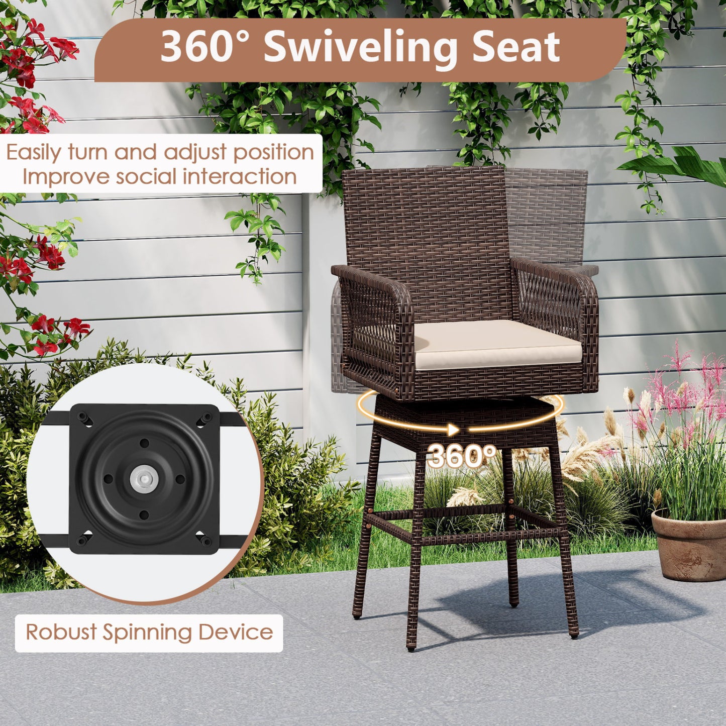 29" Bar Height Swivel Stool, Cross-Woven Armrests, Brown Patio Bar Furniture at Gallery Canada