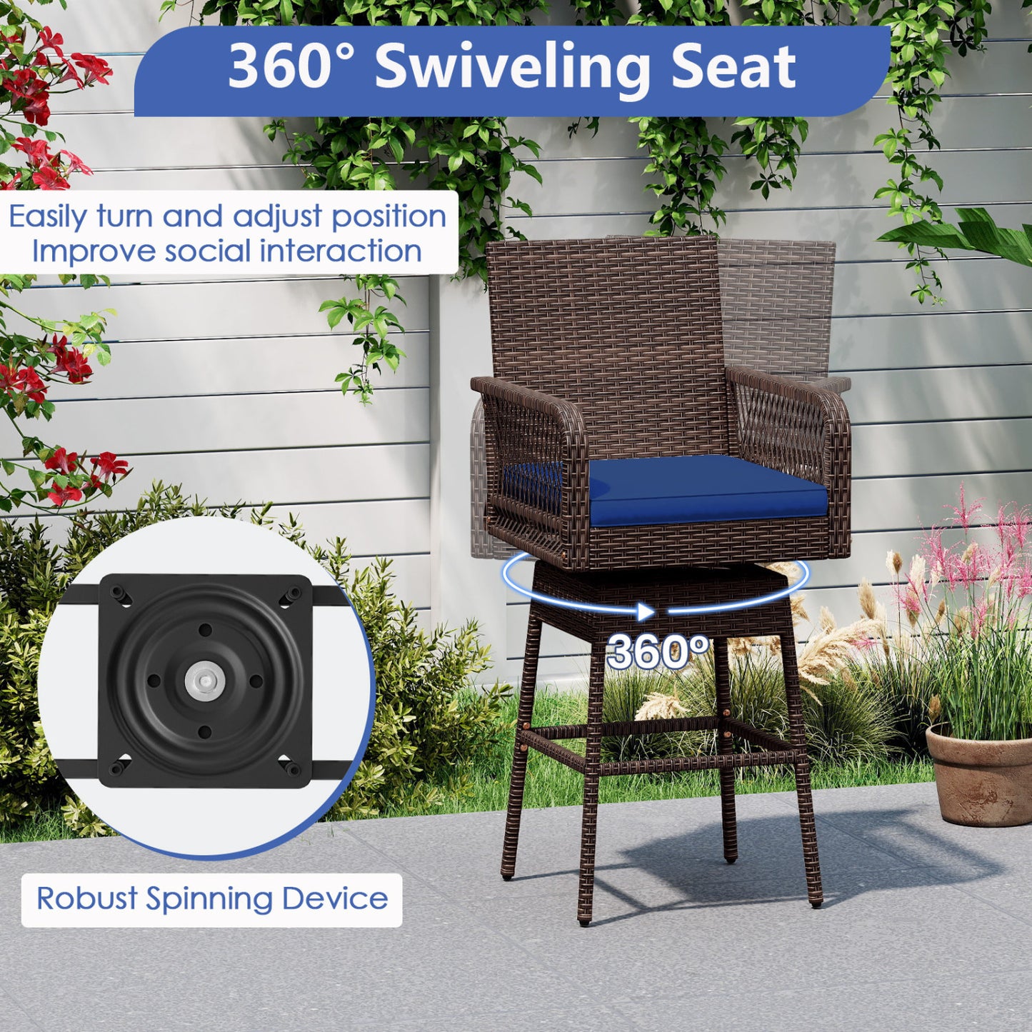 Bar Stool, 360° Swivel, with Cushion, Navy Patio Bar Furniture at Gallery Canada