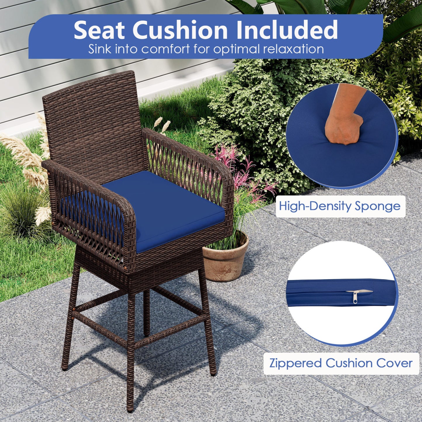 Bar Stool, 360° Swivel, with Cushion, Navy Patio Bar Furniture at Gallery Canada