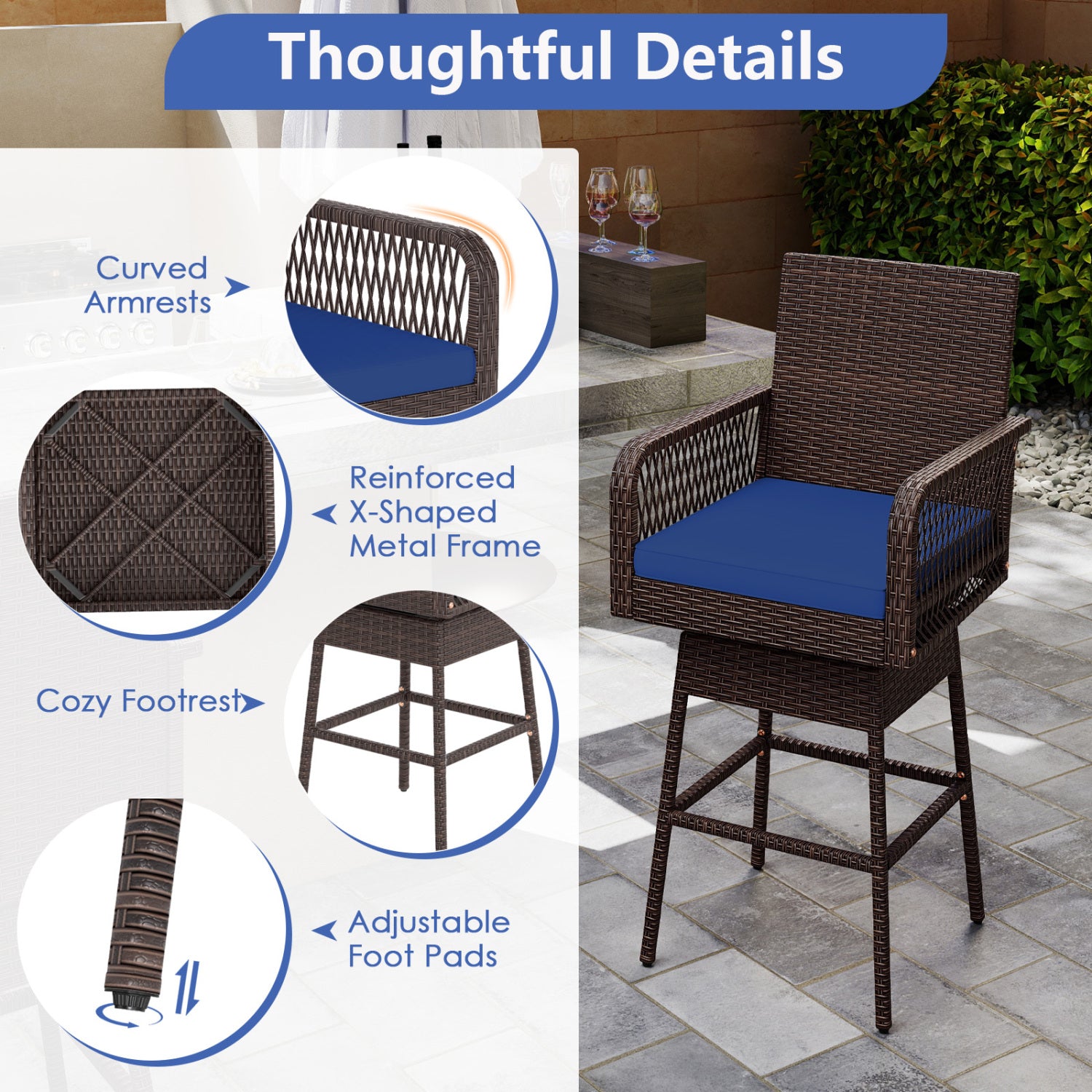 Bar Stool, 360° Swivel, with Cushion, Navy Patio Bar Furniture at Gallery Canada