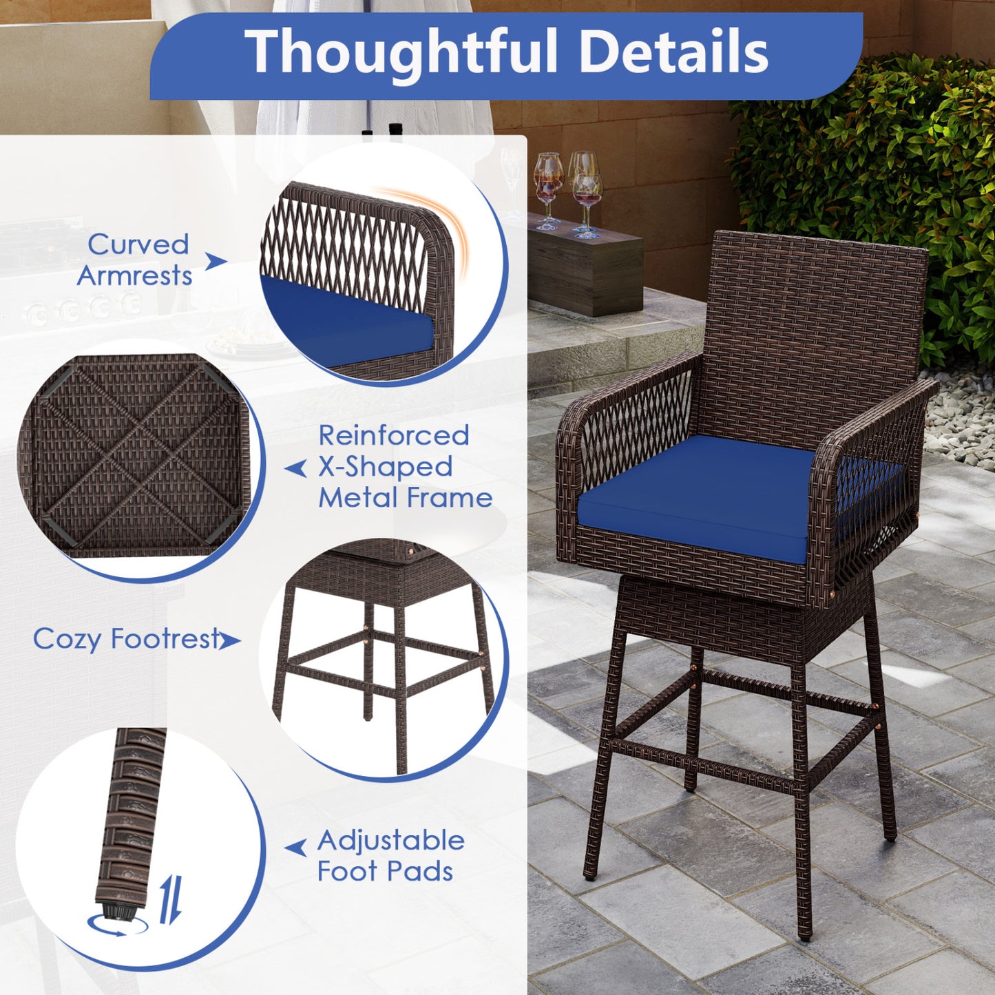 Bar Stool, 360° Swivel, with Cushion, Navy Patio Bar Furniture at Gallery Canada